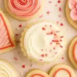 Buttercream sugar cookies with pink and white frosting and heart sprinkles