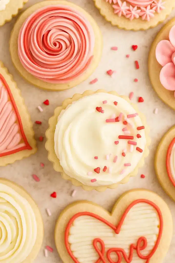 Buttercream sugar cookies with pink and white frosting and heart sprinkles