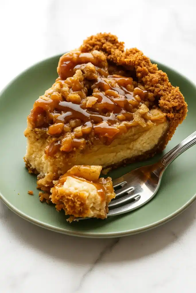 Caramel Apple Cheesecake slice with caramel drizzle and oat streusel on a green plate