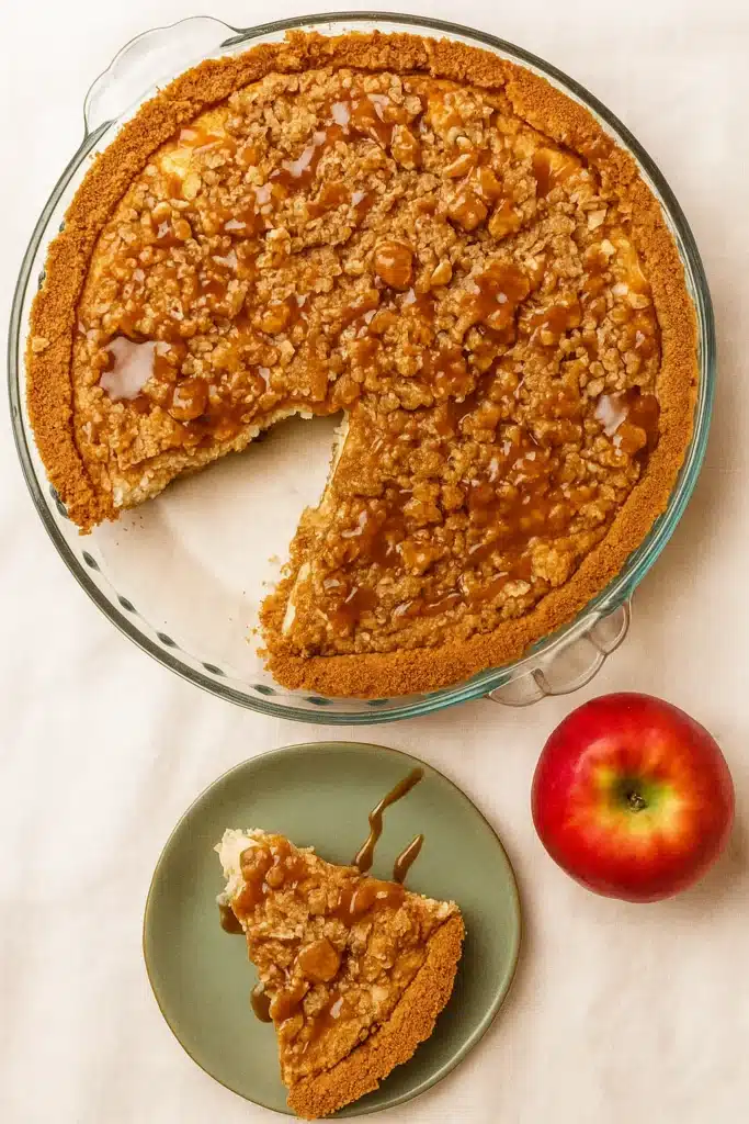 Caramel apple cheesecake with streusel topping and caramel drizzle on green plate