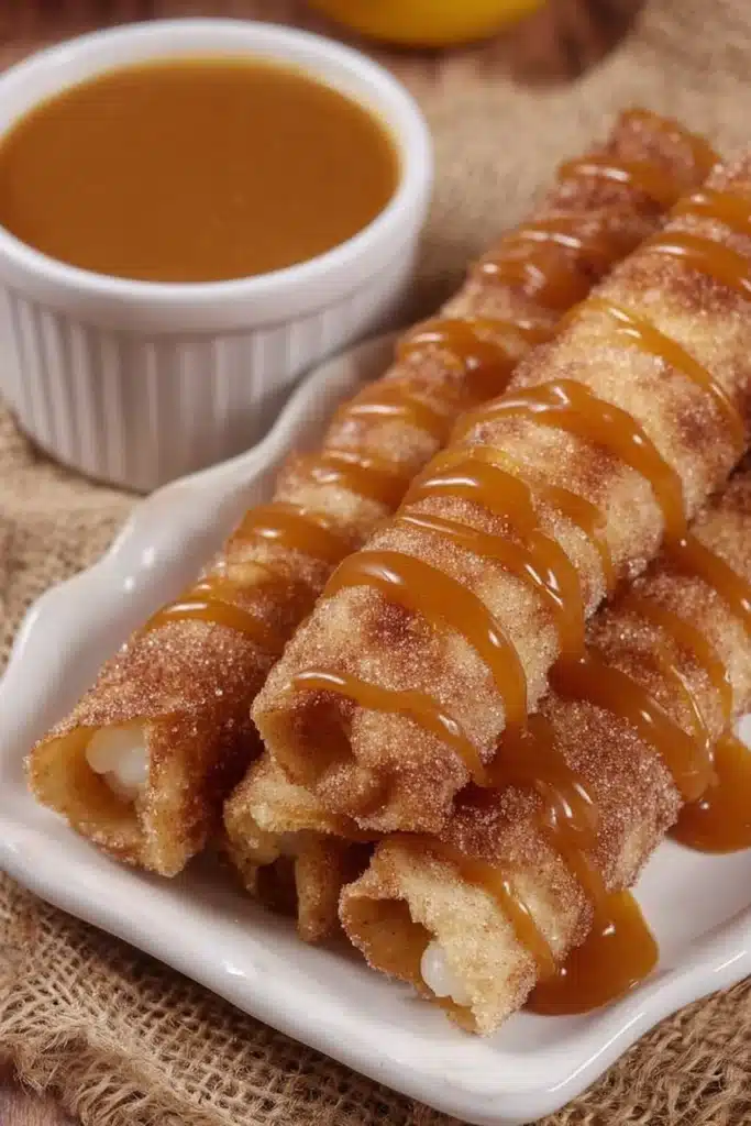Apple pie taquitos drizzled with caramel sauce on white plate