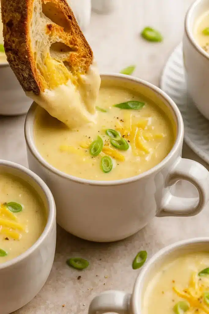 Cheddar cauliflower soup with melted cheese and sourdough bread