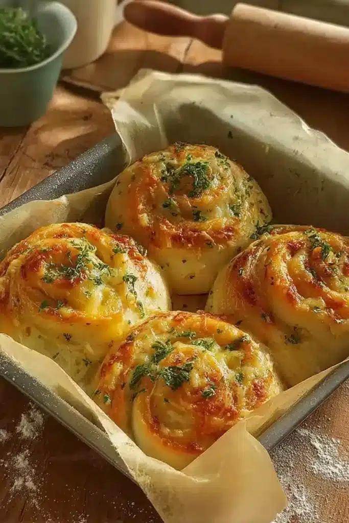 Golden cheese garlic rolls in a parchment-lined tray with melted cheese and parsley