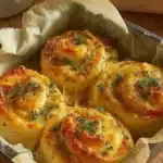 Golden cheese garlic rolls in a parchment-lined tray with melted cheese and parsley