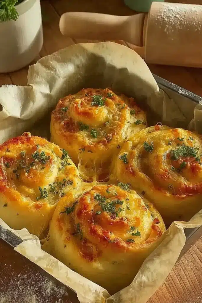 Golden cheese garlic rolls in a parchment-lined tray with melted cheese and parsley