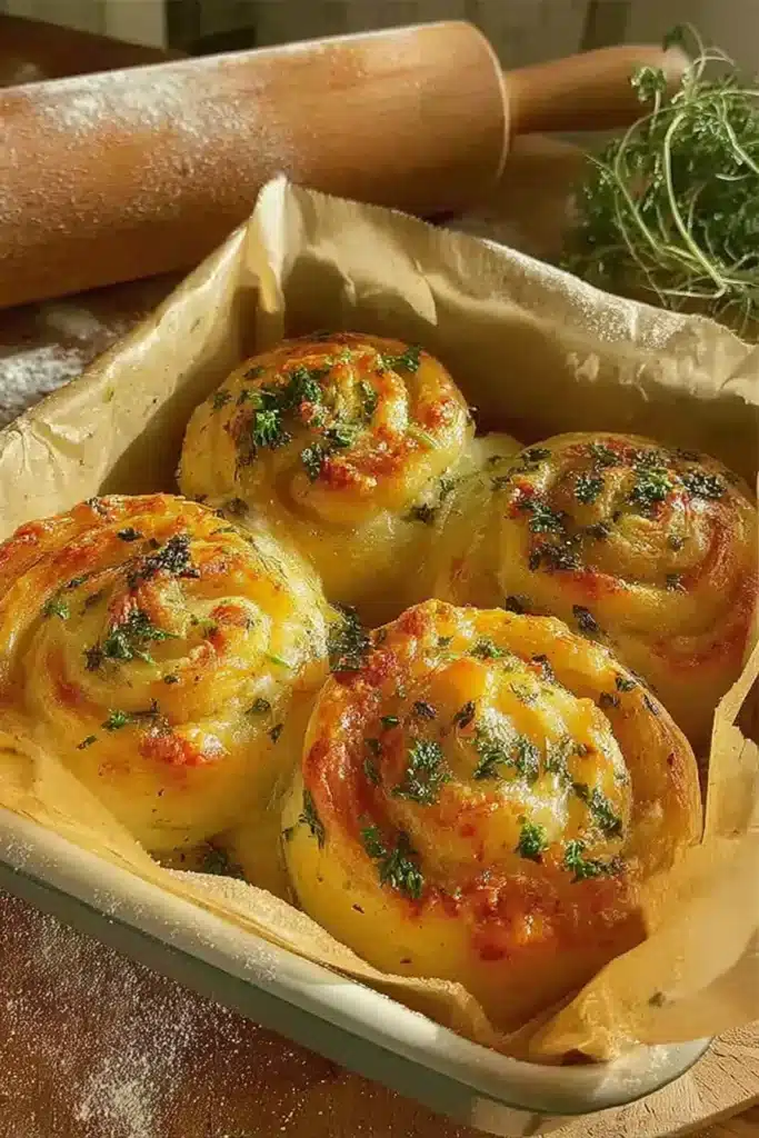 Freshly baked cheese garlic rolls in parchment tray with melted cheese and parsley