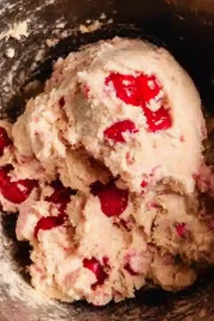 Cherry Cookies – Soft, Buttery & Delicious Holiday Treat 12 Cherry cookie dough with bright red cherries in a mixing bowl