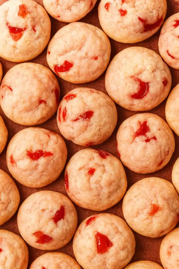 Soft pink cherry cookies with red cherry pieces on a baking tray