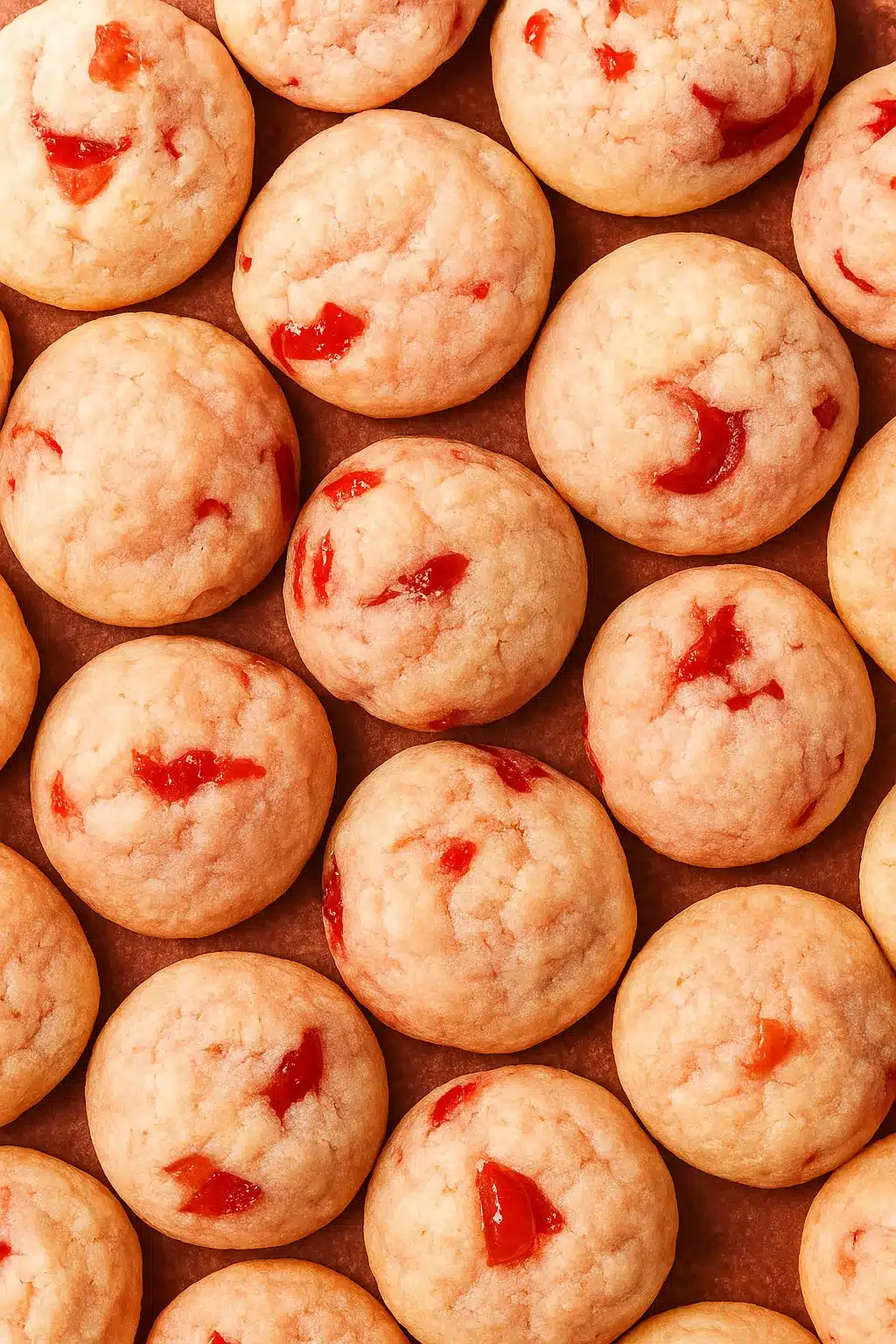 home 6 Soft pink cherry cookies with red cherry pieces on a baking tray