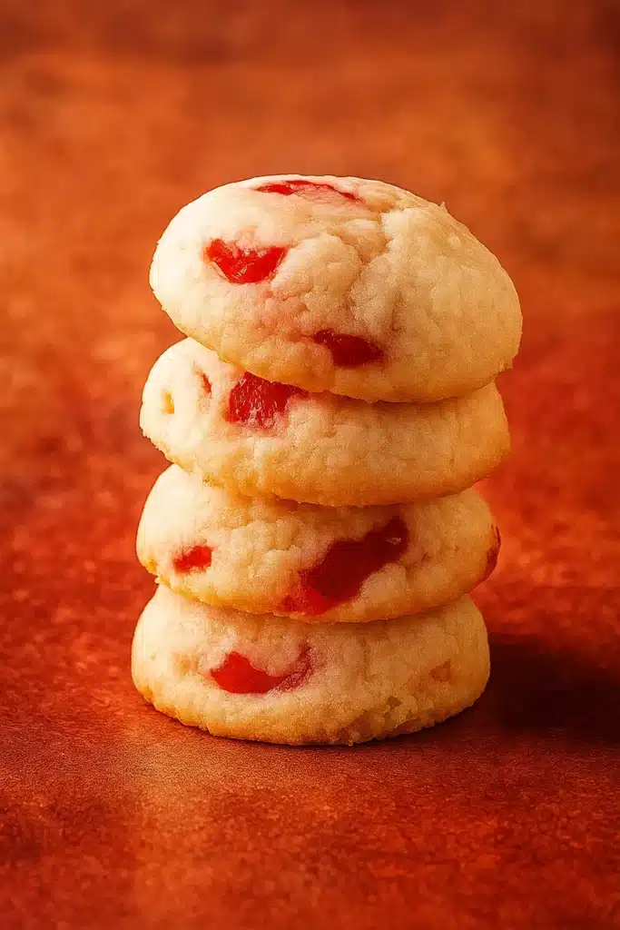 Cherry Cookies – Soft, Buttery & Delicious Holiday Treat 15 Stack of soft cherry cookies with red cherry pieces on a red surface