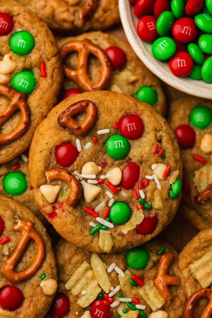 Kitchen Sink Christmas Cookies | Sweet & Chewy Favorite 12 Close-up of Kitchen Sink Christmas Cookies with M&Ms, pretzels, and sprinkles
