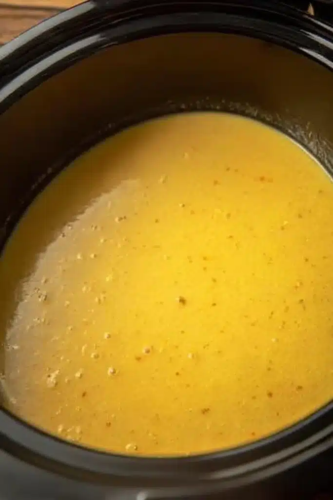 Golden chicken gravy base in slow cooker for Crock Pot Chicken and Gravy