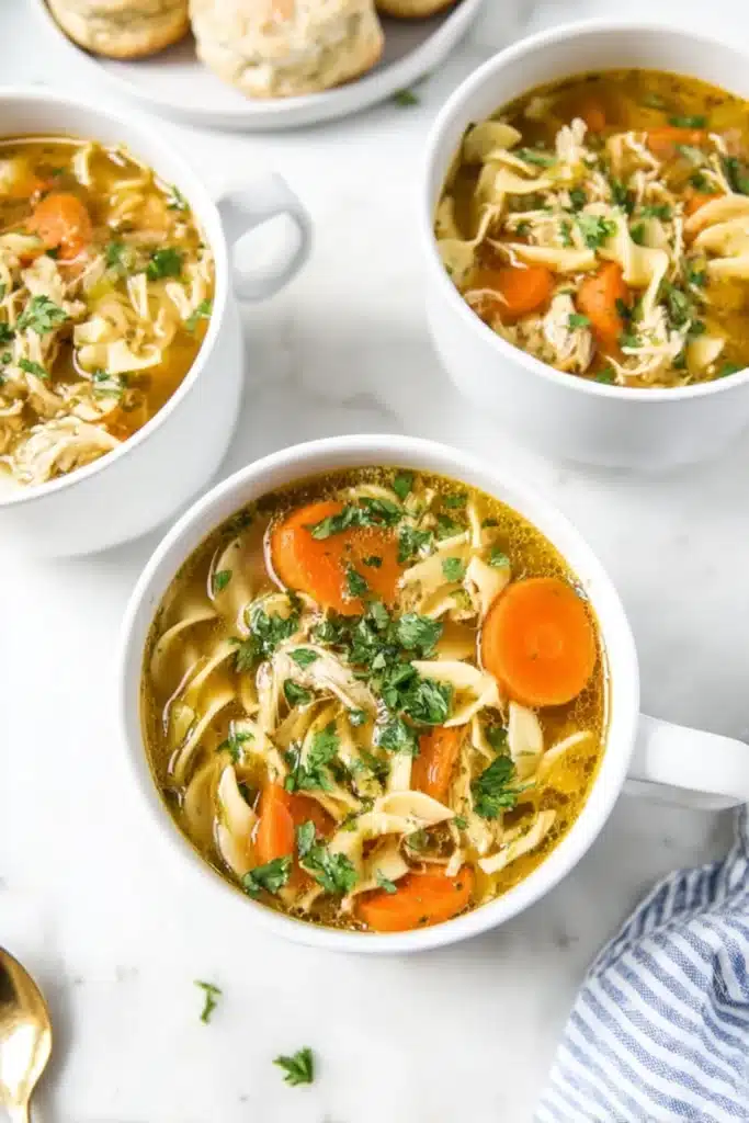 Chicken noodle soup in white mugs with carrots, noodles, and herbs