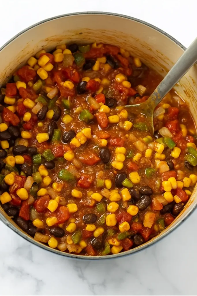 Colorful chicken tortilla soup ingredients in a pot with corn, beans, and tomatoes