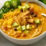 Creamy chicken tortilla soup topped with avocado, cheese, and crispy tortilla strips