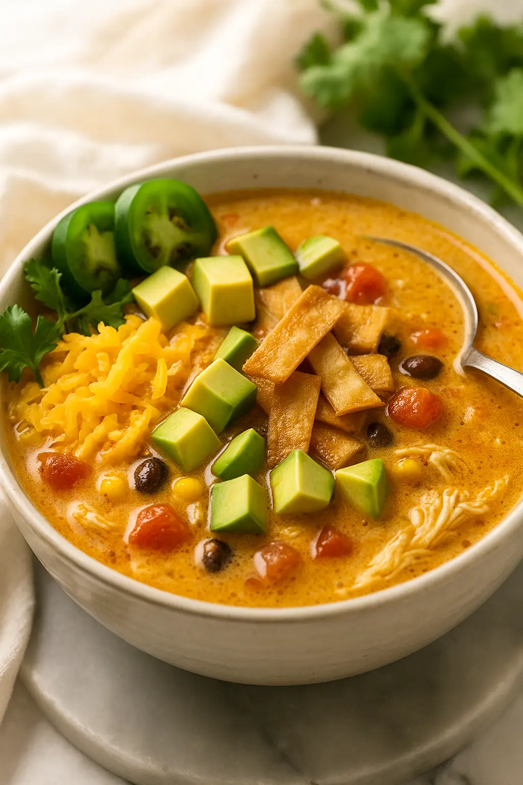 Creamy chicken tortilla soup topped with avocado, cheese, and crispy tortilla strips