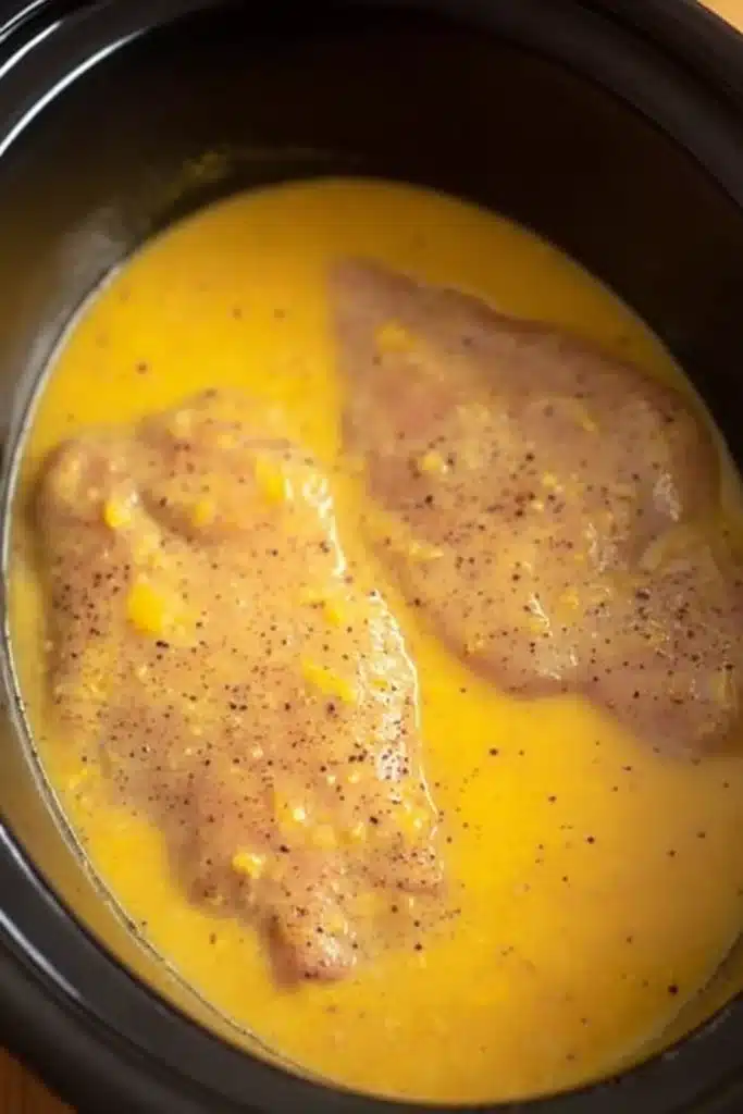 Seasoned chicken in creamy gravy inside slow cooker for Crock Pot Chicken and Gravy