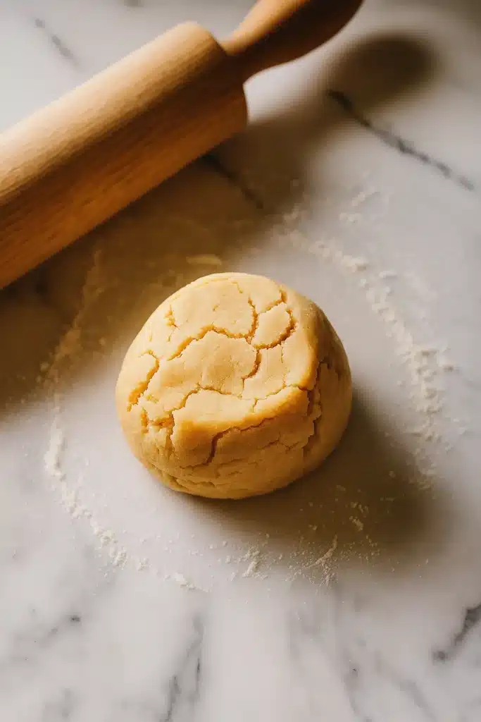 Stained Glass Cookies – Easy and Colorful Christmas Treats 11 Chilled cookie dough ball on floured marble surface with rolling pin