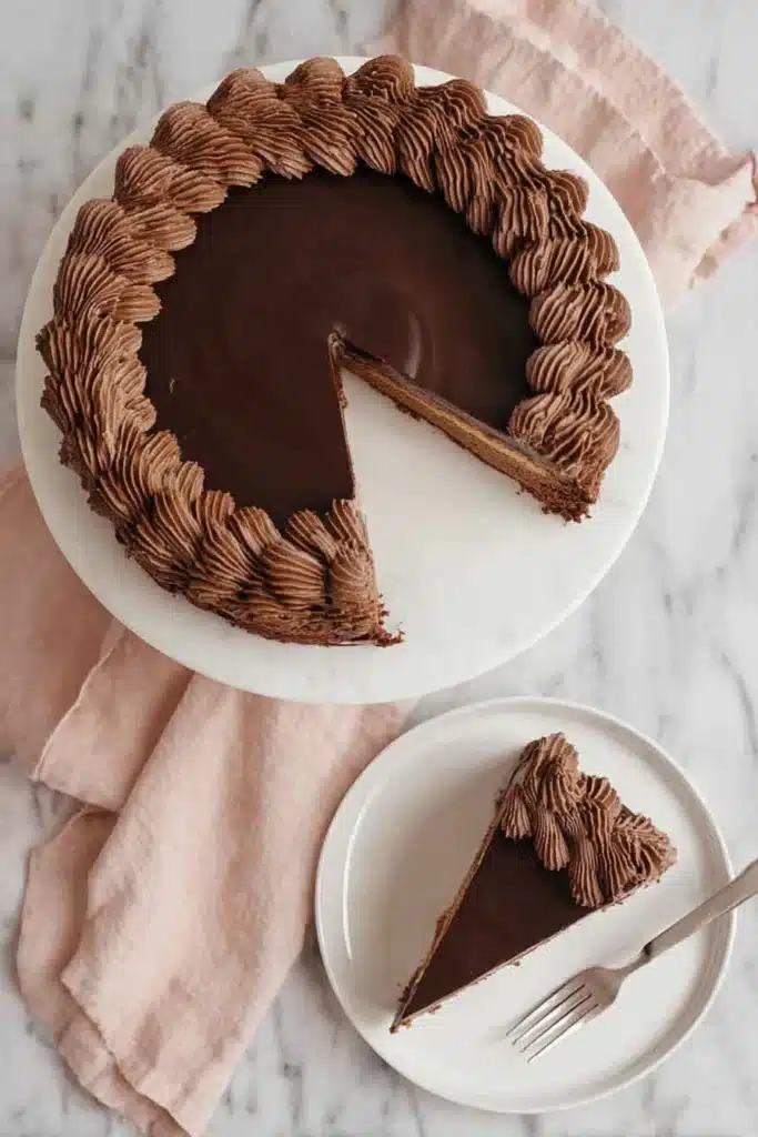 Chocolate Cheesecake Recipe | Ultimate Creamy Delight 5 Top view of chocolate cheesecake with ganache and whipped cream swirls