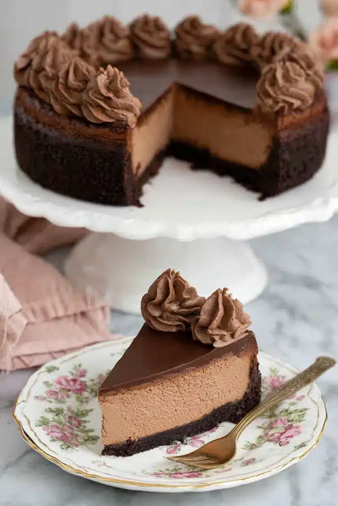 Chocolate Cheesecake Recipe | Ultimate Creamy Delight 4 Slice of chocolate cheesecake with ganache and whipped cream on floral plate