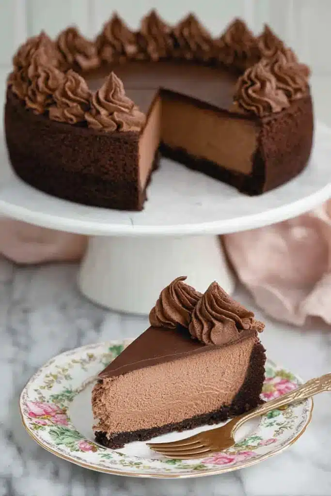 Slice of chocolate cheesecake with ganache and whipped cream on floral plate