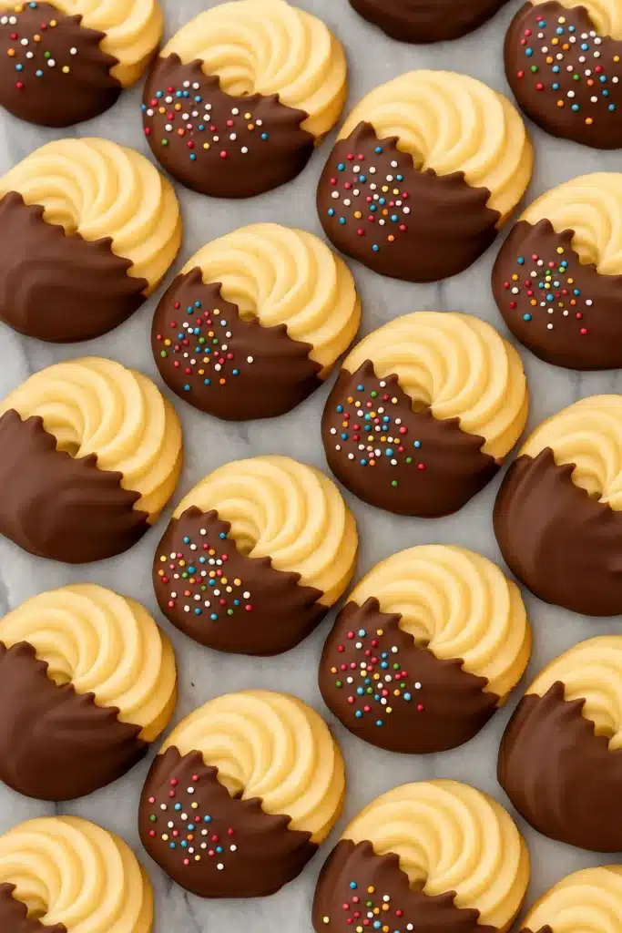 Chocolate-dipped butter cookies with colorful sprinkles on parchment