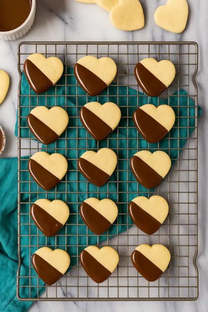 Shortbread Cookie Recipe | Simple & Delicious Holiday Treat 10 Heart-shaped shortbread cookies dipped in chocolate on cooling rack