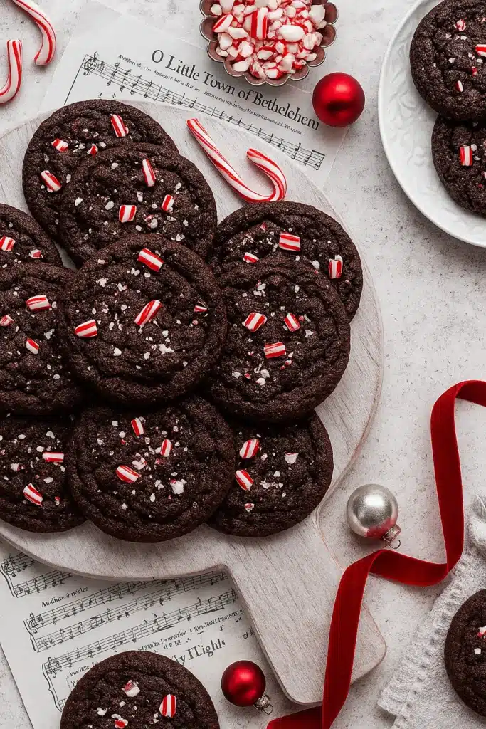 Festive chocolate peppermint cookies on wooden board with candy canes