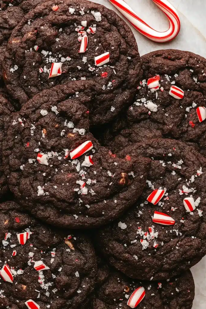 Stacked chocolate peppermint cookies with crushed candy canes