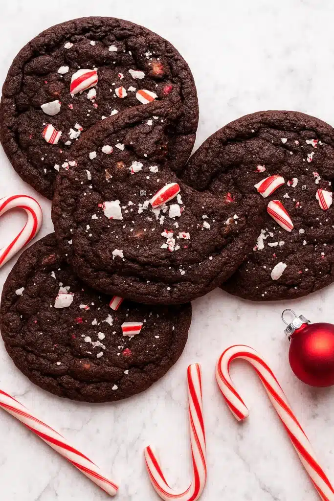 Chocolate peppermint cookies with crushed candy canes on marble surface