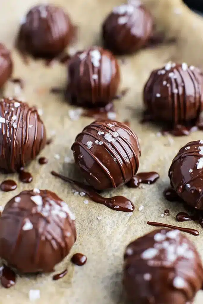 Peppermint Truffles – Easy, Delicious, and Festive Treats 22 Glossy peppermint truffles with chocolate drizzle and sea salt on parchment