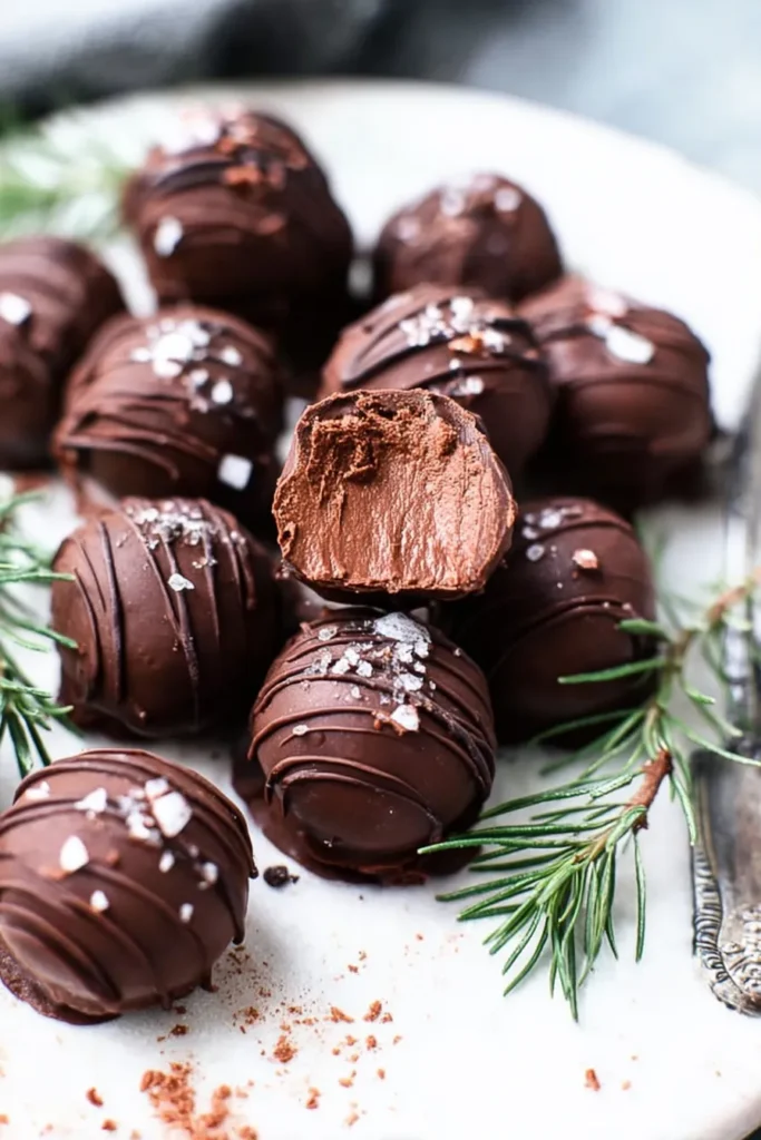Peppermint Truffles – Easy, Delicious, and Festive Treats 16 Chocolate peppermint truffles with sea salt on marble plate
