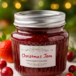 Homemade Christmas Jam in a glass jar with strawberries and cranberries
