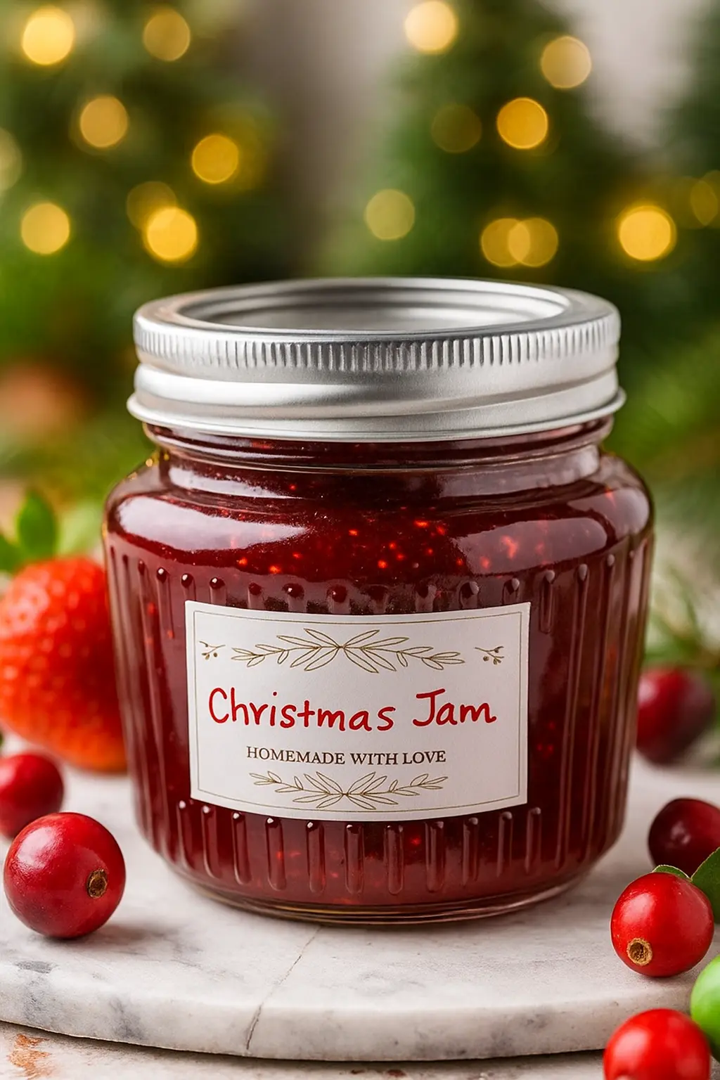 Homemade Christmas Jam in a glass jar with strawberries and cranberries