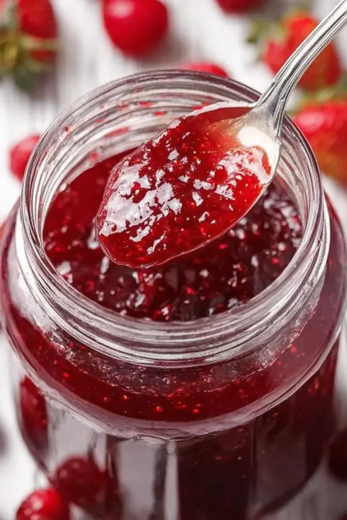 Spoon dipping into homemade Christmas Jam with strawberries and cranberries