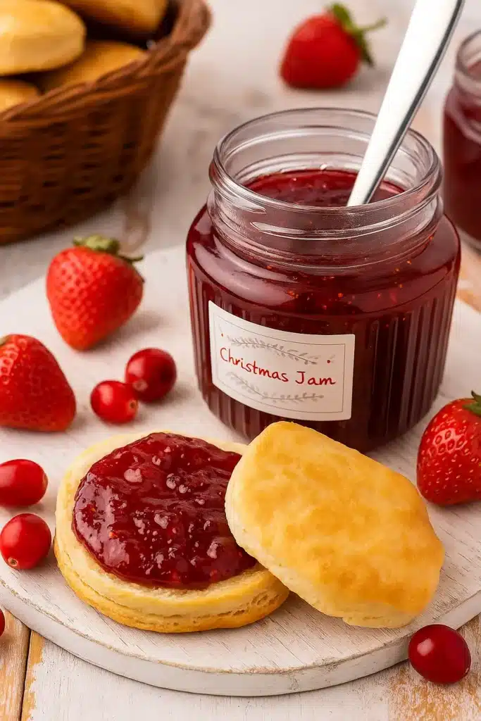 Biscuit with homemade Christmas Jam and strawberries on table