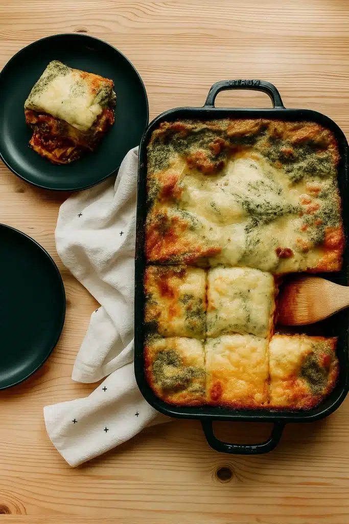 Christmas Lasagna Recipe | Ultimate Holiday Comfort Dish 13 Festive Christmas lasagna with golden cheese and spinach layers in a baking dish