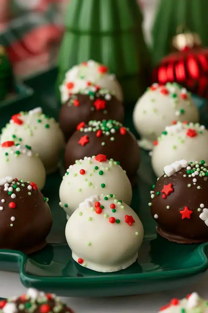 Christmas Oreo Balls Recipe | Easy & Festive Holiday Treat 15 Christmas Oreo Balls on a green holiday tray with festive sprinkles