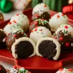 Christmas Oreo balls coated in white and dark chocolate with festive sprinkles on a holiday tray