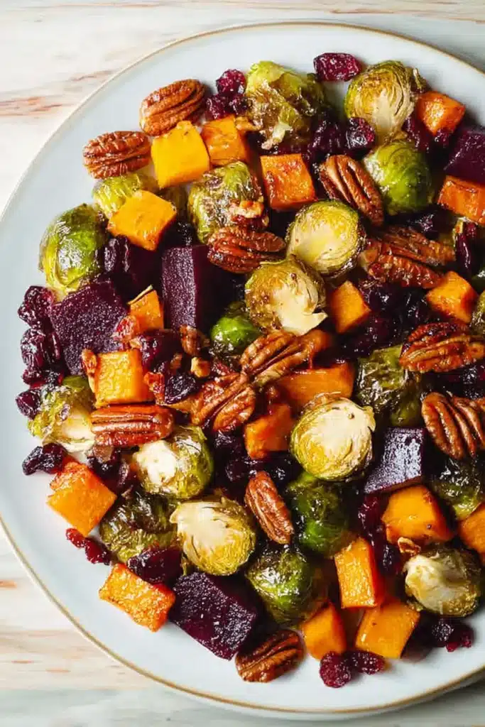 Delicious Christmas Vegetable Salad with Brussels Sprouts 9 Roasted vegetable salad with Brussels sprouts, beets, squash, and pecans