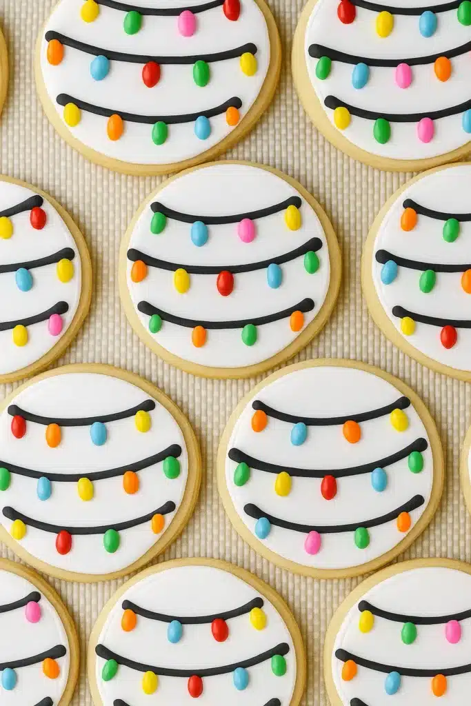 Christmas sugar cookies with colorful light designs on white icing