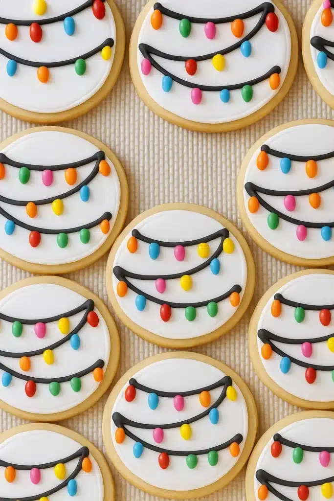 Christmas sugar cookies with colorful light designs on white icing
