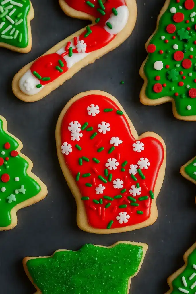 Christmas Sugar Cookies – Easy, Soft & Festive Treats 9 Close-up of Christmas sugar cookies decorated with red and green icing