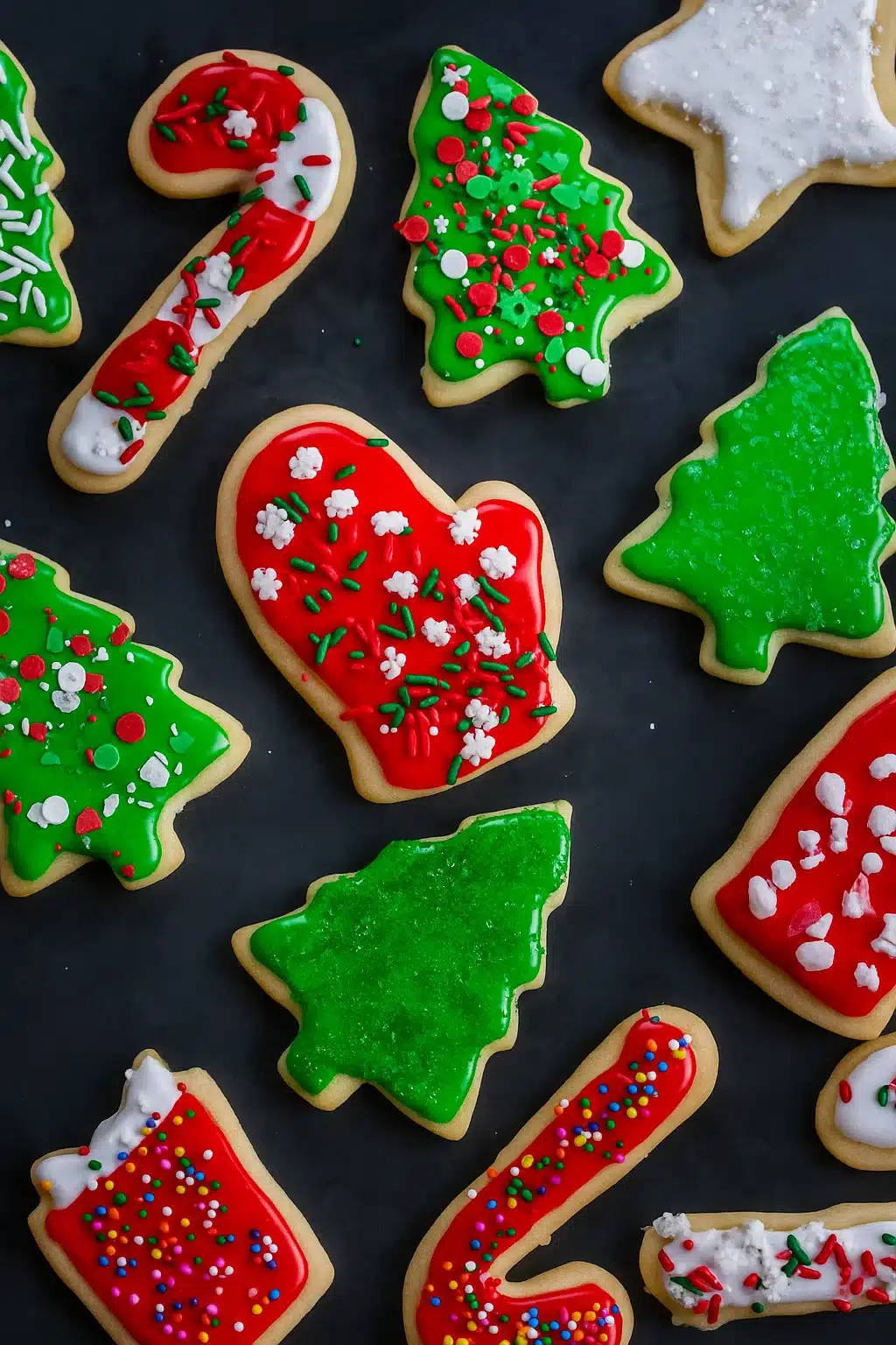 home 7 Colorful Christmas sugar cookies with red and green icing and festive sprinkles