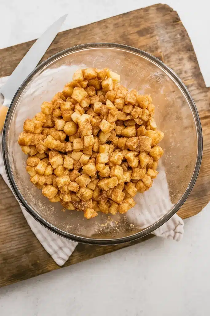 Bowl of diced apples mixed with cinnamon and sugar for crumble filling