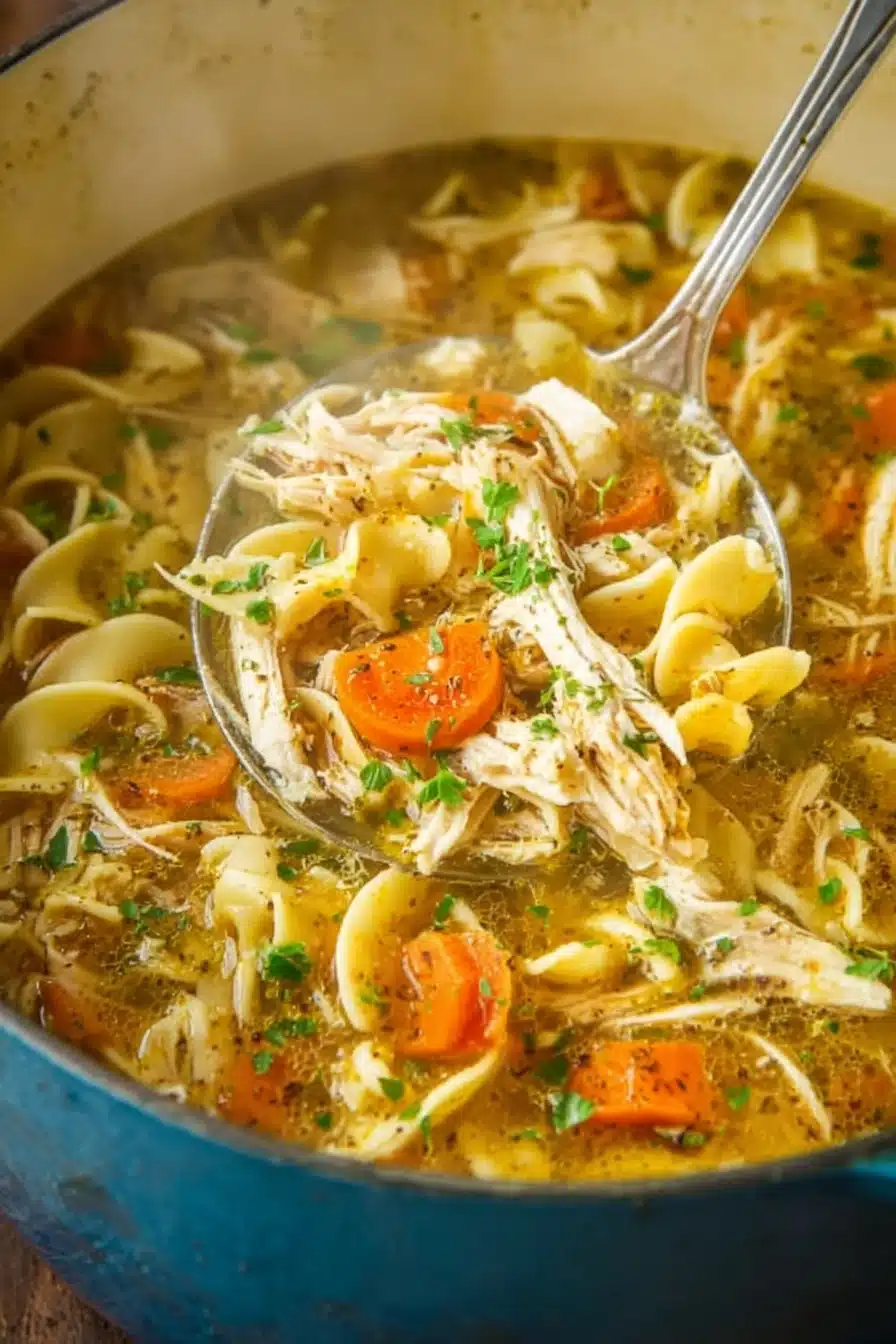 Homemade chicken noodle soup with carrots, egg noodles, and herbs in a blue pot
