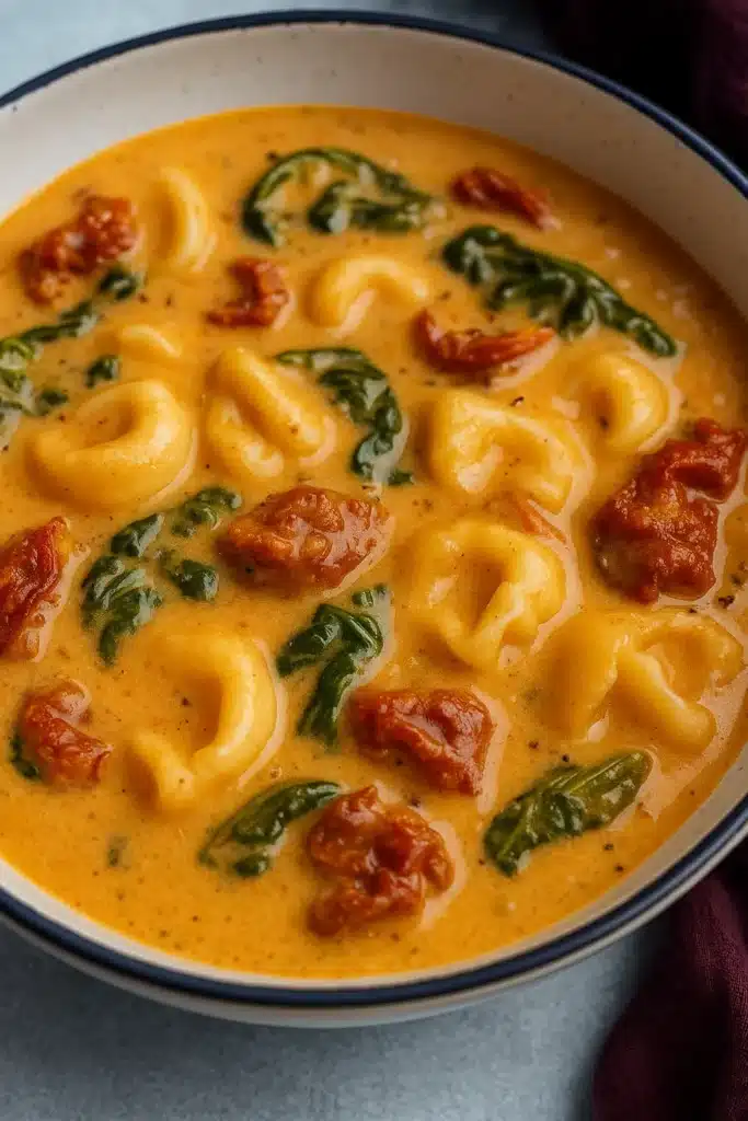 Close-up creamy tortellini soup with spinach and sundried tomatoes