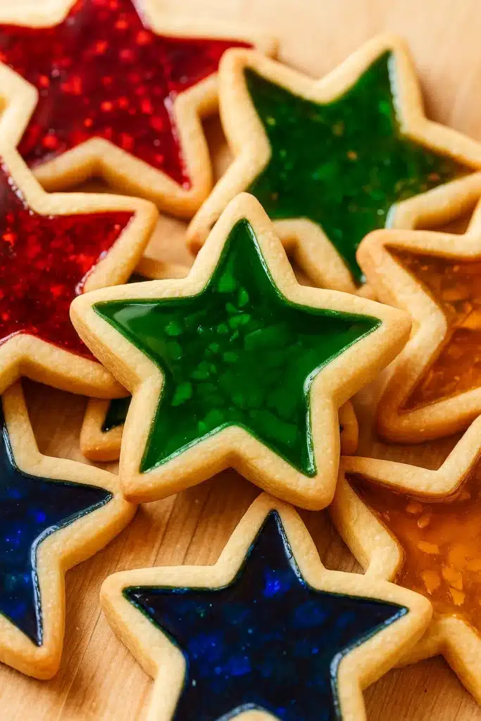 Stained Glass Cookies – Easy and Colorful Christmas Treats 13 Close-up of star-shaped stained glass cookies with colorful candy centers