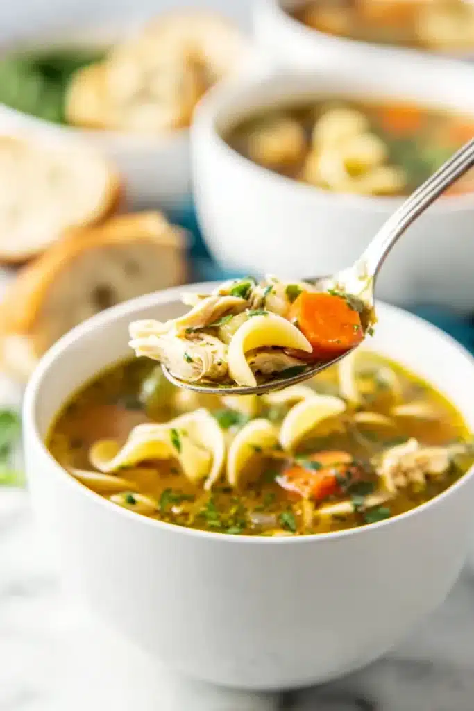 Spoon lifting chicken noodle soup with noodles, carrots, and herbs