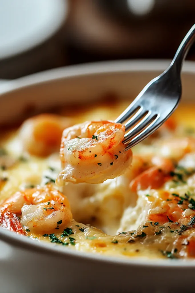 Fork lifting shrimp from creamy seafood casserole